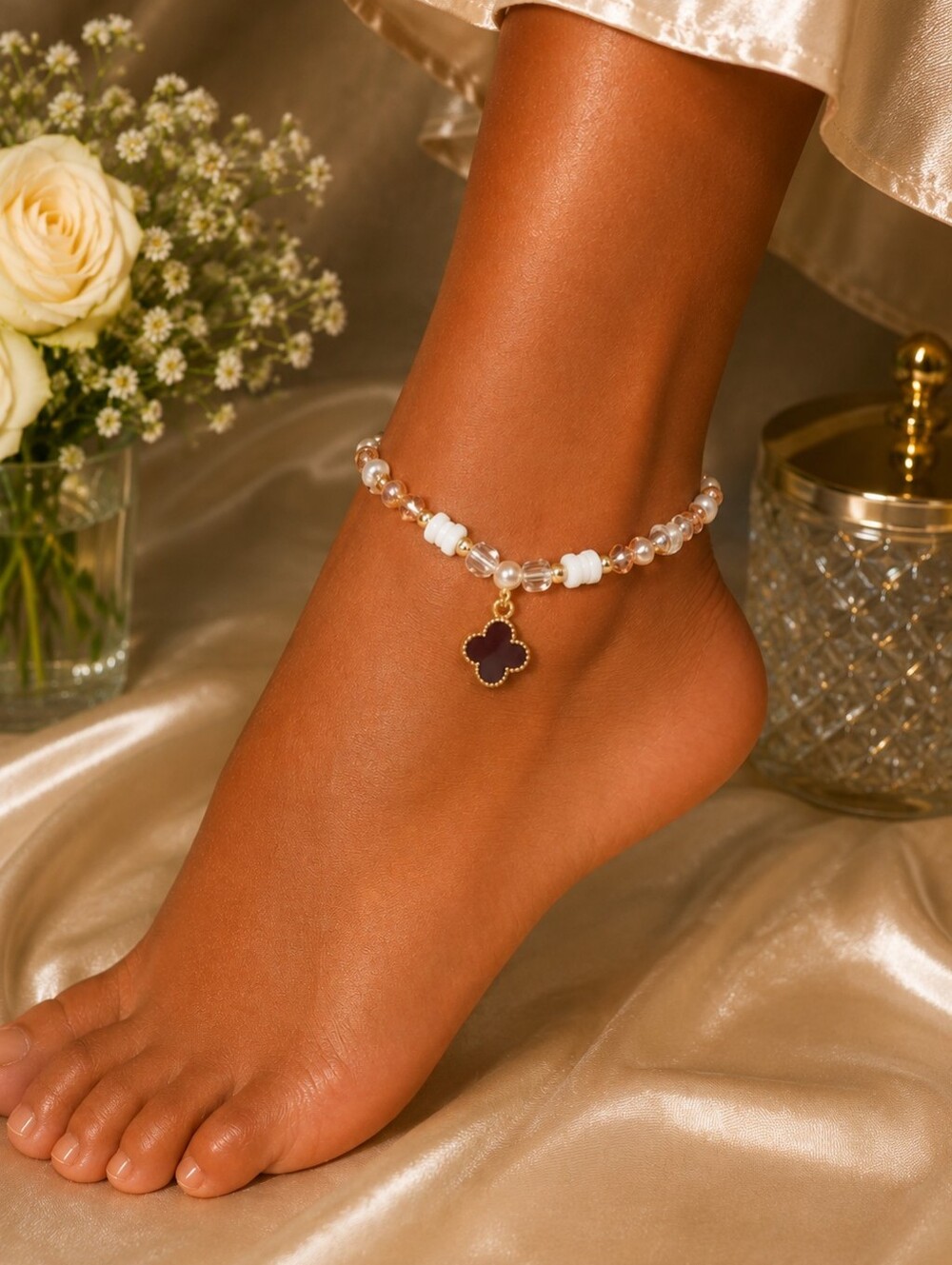 Pastel Gold Beaded Clover Charm Anklet | Adjustable Boho Beach Jewelry